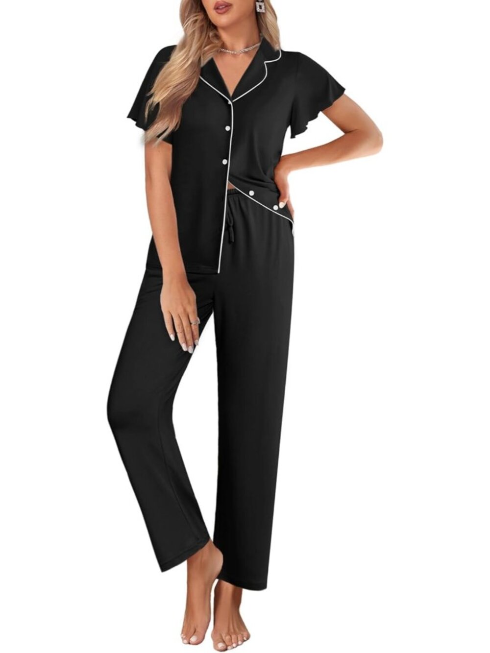 Women Black Notch Lapel Ruffle Sleeve Button Up with Long Pajamas Set